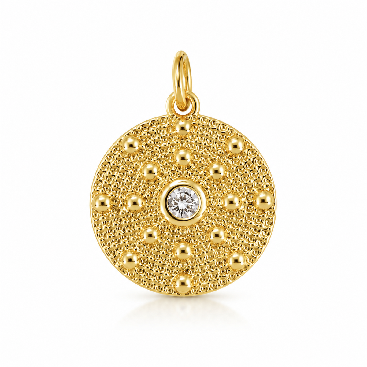 Gold Filled Round CZ Sun Medallion Pendant, Textured Coin Charm, Dotted Disc Necklace Pendant, Minimalist Jewelry Making Supplies, CP1832