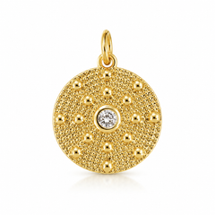 Gold Filled Round CZ Sun Medallion Pendant, Textured Coin Charm, Dotted Disc Necklace Pendant, Minimalist Jewelry Making Supplies, CP1832