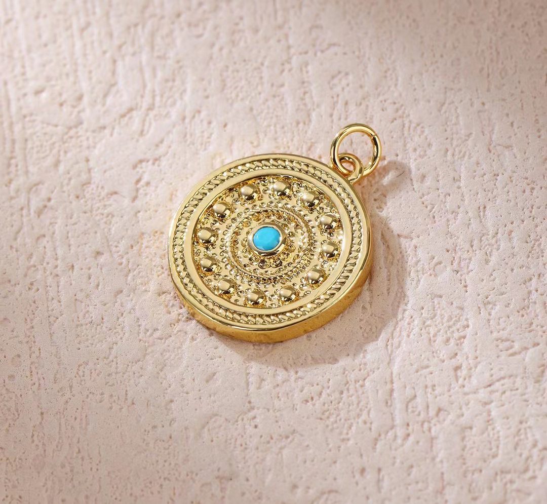 18K Gold Filled Dainty Turquoise Eye Disc Charm, Gold Filled Round Disc Blue Eye Pendant, Disc Charm Necklace Medallion Pendant Component Supply, CP1833