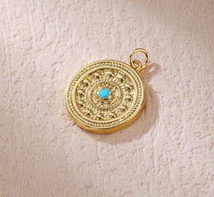 18K Gold Filled Dainty Turquoise Eye Disc Charm, Gold Filled Round Disc Blue Eye Pendant, Disc Charm Necklace Medallion Pendant Component Supply, CP1833