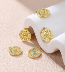 18K Gold Filled Dainty Turquoise Eye Disc Charm, Gold Filled Round Disc Blue Eye Pendant, Disc Charm Necklace Medallion Pendant Component Supply, CP1833