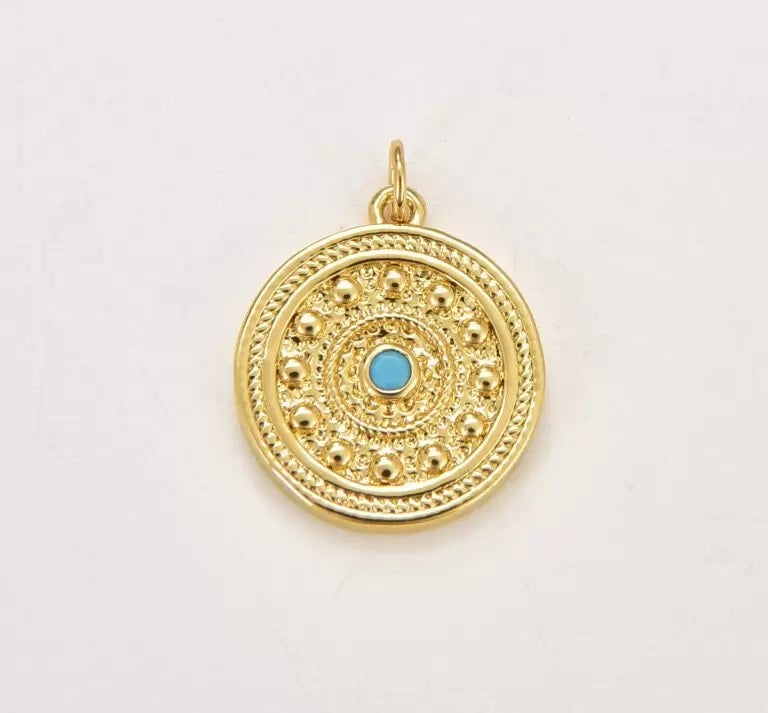 18K Gold Filled Dainty Turquoise Eye Disc Charm, Gold Filled Round Disc Blue Eye Pendant, Disc Charm Necklace Medallion Pendant Component Supply, CP1833