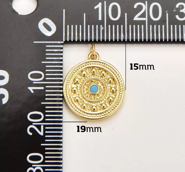 18K Gold Filled Dainty Turquoise Eye Disc Charm, Gold Filled Round Disc Blue Eye Pendant, Disc Charm Necklace Medallion Pendant Component Supply, CP1833