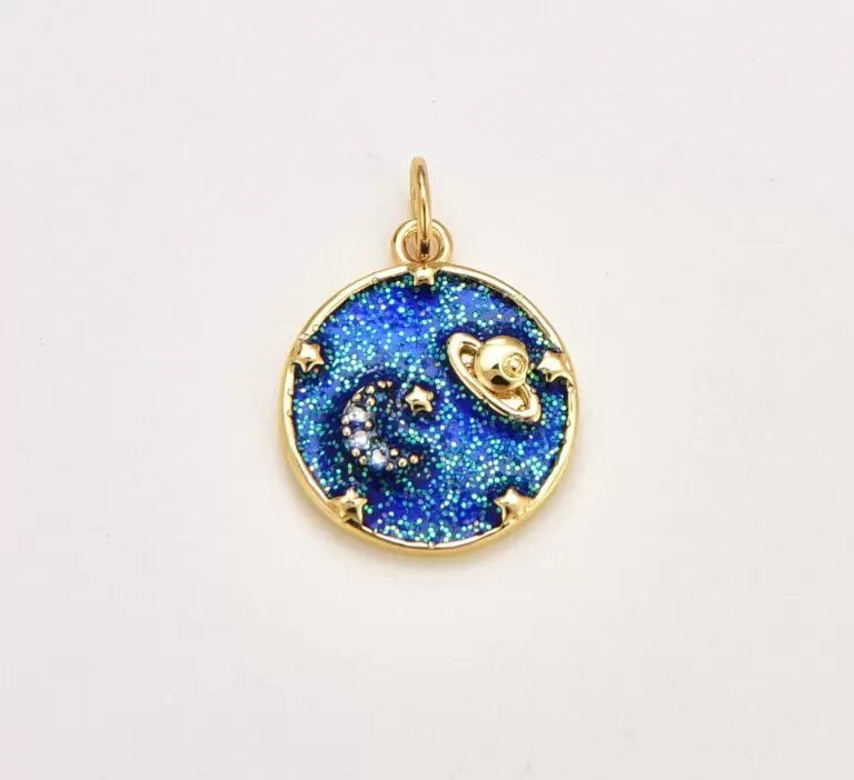 18K Gold Filled Blue Enamel Celestial Charm, Gold Filled Cubic Zirconia Star Crescent Moon Saturn Pendant, Galaxy Round Pendant, 16x14mm, CP1834