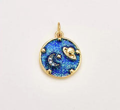 18K Gold Filled Blue Enamel Celestial Charm, Gold Filled Cubic Zirconia Star Crescent Moon Saturn Pendant, Galaxy Round Pendant, 16x14mm, CP1834