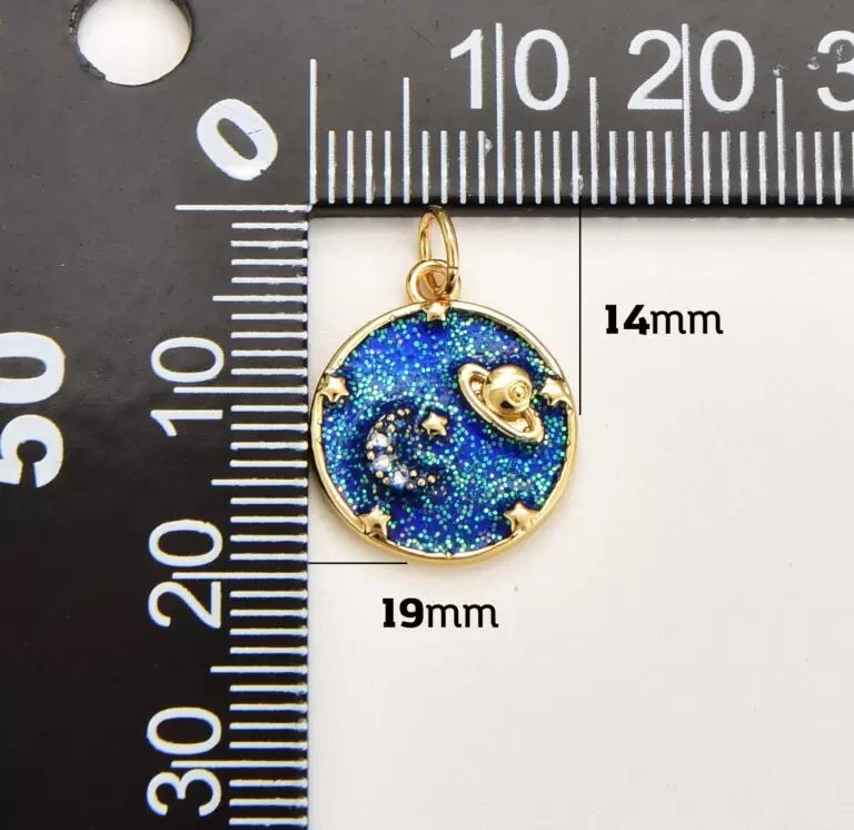 18K Gold Filled Blue Enamel Celestial Charm, Gold Filled Cubic Zirconia Star Crescent Moon Saturn Pendant, Galaxy Round Pendant, 16x14mm, CP1834