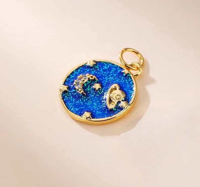 18K Gold Filled Blue Enamel Celestial Charm, Gold Filled Cubic Zirconia Star Crescent Moon Saturn Pendant, Galaxy Round Pendant, 16x14mm, CP1834