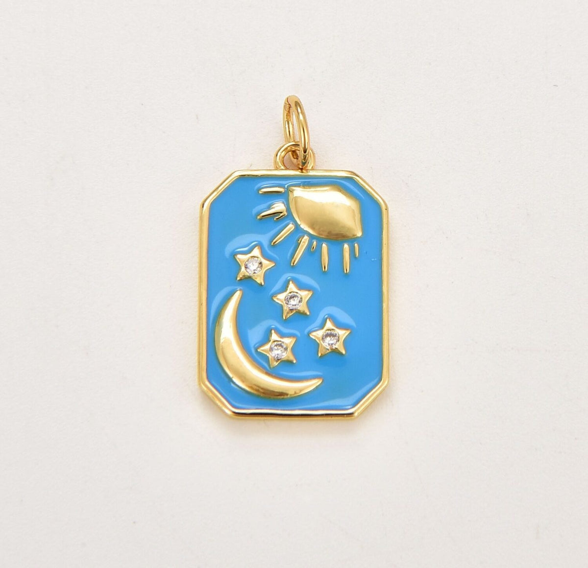 18K Gold Filled Celestial Tag Charm, Gold Filled Enamel Sun Moon Star Charm on Tile Tag Shape Pendant, Military Tag Charm Celestial Jewelry Making CP1835