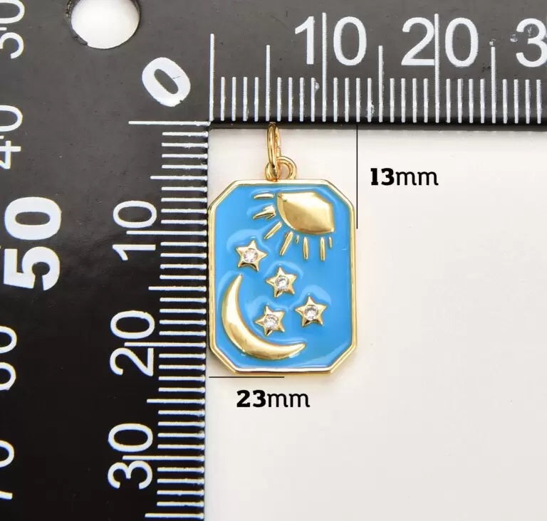 18K Gold Filled Celestial Tag Charm, Gold Filled Enamel Sun Moon Star Charm on Tile Tag Shape Pendant, Military Tag Charm Celestial Jewelry Making CP1835