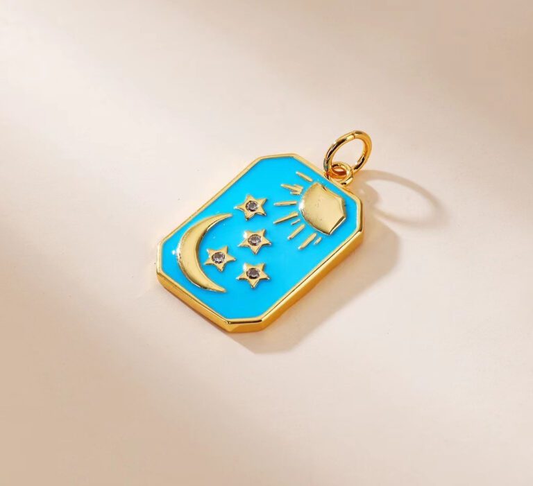 18K Gold Filled Celestial Tag Charm, Gold Filled Enamel Sun Moon Star Charm on Tile Tag Shape Pendant, Military Tag Charm Celestial Jewelry Making CP1835