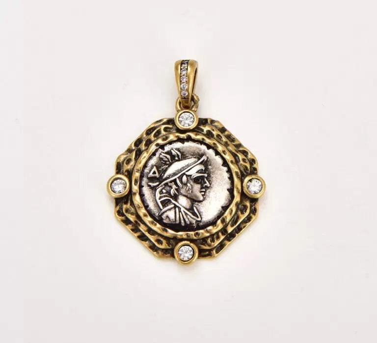 18K Gold Filled Greek Coin Charm, Gold Filled Old Coin Pendant, Medallion Charm, Ancient Greek Coin for Necklace Bracelet Jewelry Making Component, CP1842