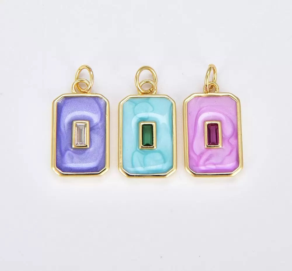 18K Gold Filled Baguette CZ Tag Charm, Gold Filled Enamel Tag Pendant, Rectangular Enamel Jewelry Summer Trend, Gift for Her, Add on Charm, CP1846