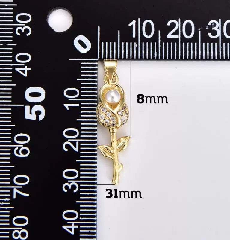 18K Gold Filled Pearl Rose Charm, Gold Filled Rose Flower Pendant, CZ Flower Charm for Bracelet Necklace Jewelry Making Component, Gift for Her, CP1858