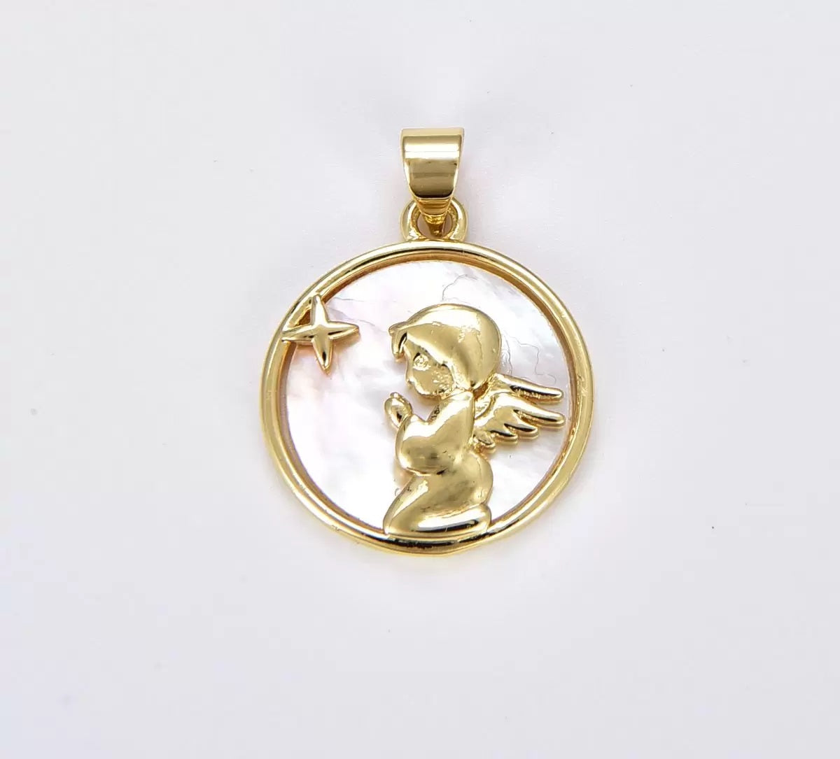 18K Gold Filled Dainty Pearl Praying Angel Coin Medallion Pendant, Gold Filled Round Shell Pearl Child Angel Charm for Jewelry Making, 25x18mm, CP1860