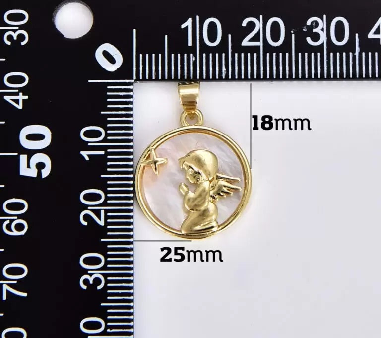 18K Gold Filled Dainty Pearl Praying Angel Coin Medallion Pendant, Gold Filled Round Shell Pearl Child Angel Charm for Jewelry Making, 25x18mm, CP1860