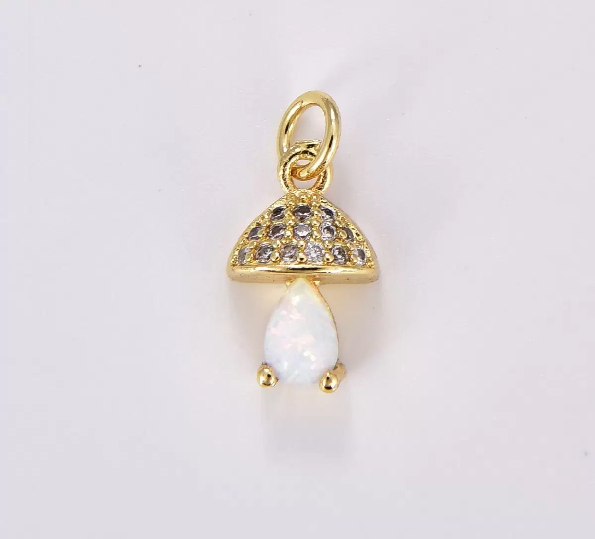 18K Gold Filled Mini Mushroom Charm, Gold Filled Micro Pave Mushroom Pendant, Cubic Zirconia Shromie Pendant Charm, Dainty Clear Pear Cut Opal Charm, CP1863