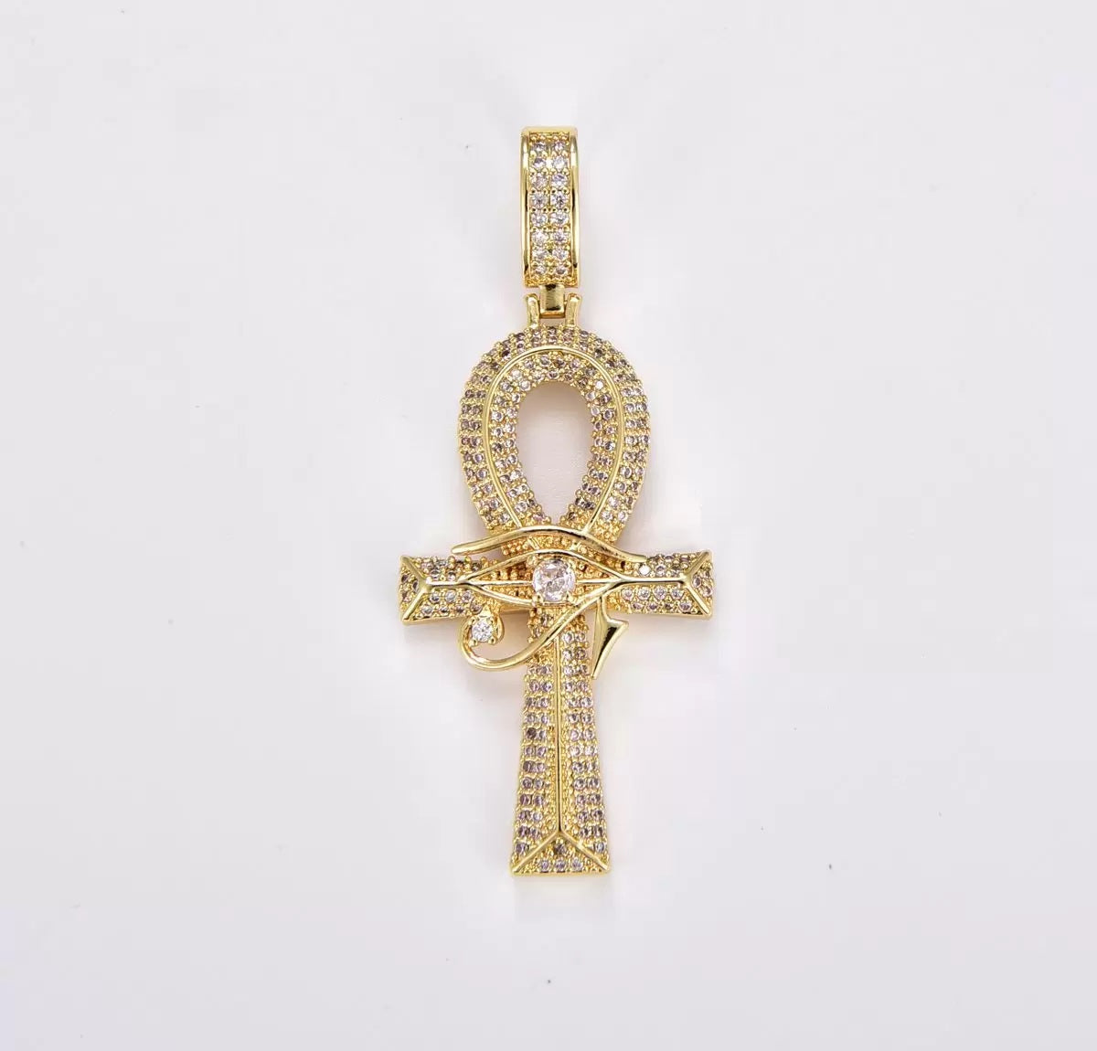 18K Gold Filled Large Ankh Gold Filled CZ Micro Pave Cross Pendant, Eye Of Ra Cubic Zirconia Charm Micro Pave Jewelry Findings, 54x22mm, CP1864