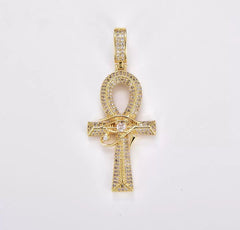 18K Gold Filled Large Ankh Gold Filled CZ Micro Pave Cross Pendant, Eye Of Ra Cubic Zirconia Charm Micro Pave Jewelry Findings, 54x22mm, CP1864