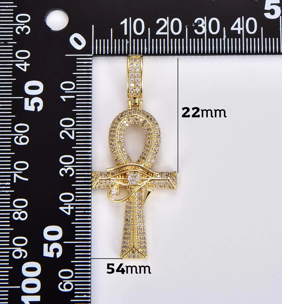 18K Gold Filled Large Ankh Gold Filled CZ Micro Pave Cross Pendant, Eye Of Ra Cubic Zirconia Charm Micro Pave Jewelry Findings, 54x22mm, CP1864