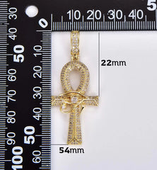 18K Gold Filled Large Ankh Gold Filled CZ Micro Pave Cross Pendant, Eye Of Ra Cubic Zirconia Charm Micro Pave Jewelry Findings, 54x22mm, CP1864