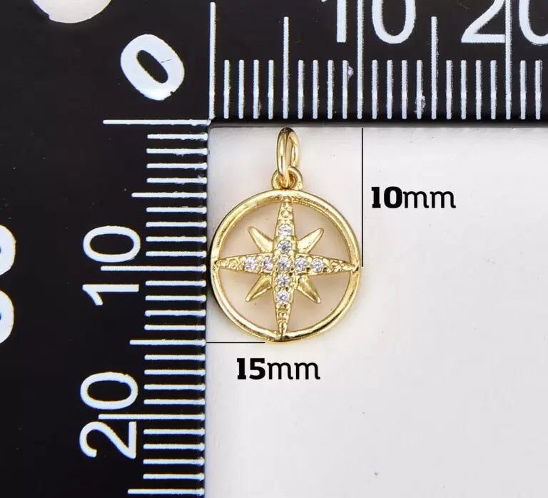 18K Gold Filled North Star Medallion Charm, Gold Filled CZ Star Pendant, Celestial Charm Pendant for Necklace Bracelet Jewelry Making Supply, CP1873