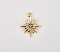 18K Gold Filled Mini Gold Filled Sun Burst Charm Sun Rays Celestial Charm Sunburst CZ for Necklace Earring Bracelet Component, 15x14mm, CP1890