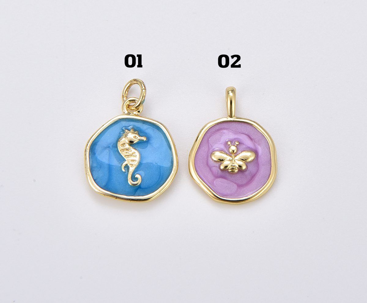 18K Gold Filled Dainty Enamel Seahorse Medallion Charm, Butterfly Pendant, DIY Craft Bracelet Necklace Pendant Charm for Jewelry Making, CP1898