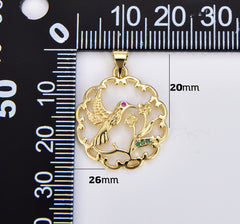 18K Gold Filled Micro Pave Humming Bird Round Pendant Medallion Charms With CZ Flower Stones For Jewelry Making Supplies, 26x20mm, CP1901