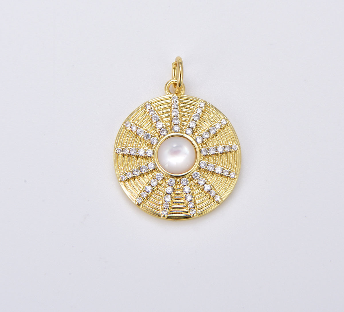 18K Gold Filled Sun Charm Necklace, Celestial Necklace Pendant Gold Pearl Sun Beam Mother of Pearl Charm Necklace Sunburst Charm, 26x21mm CP1903