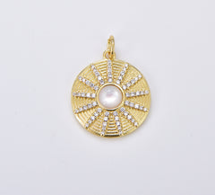 18K Gold Filled Sun Charm Necklace, Celestial Necklace Pendant Gold Pearl Sun Beam Mother of Pearl Charm Necklace Sunburst Charm, 26x21mm CP1903