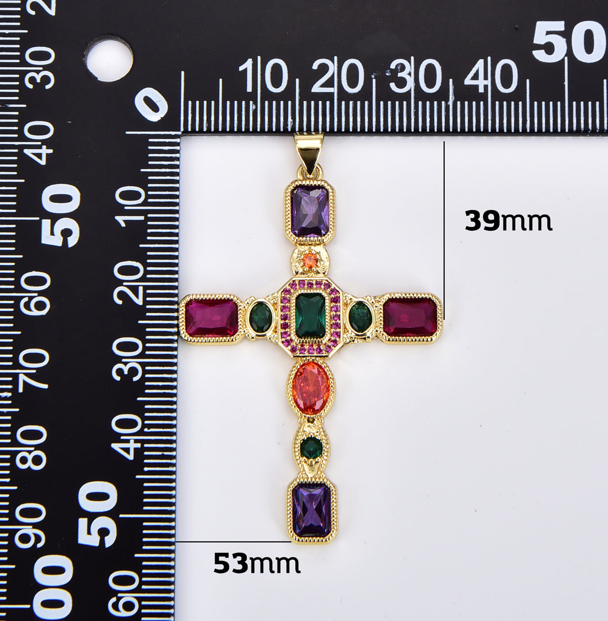 18K Gold Filled Cross Charm, Colorful CZ Micro Pave Cross Pendant for Necklace Bracelet Earring Charm Supply Religious Jewelry, 53x39mm, CP1904