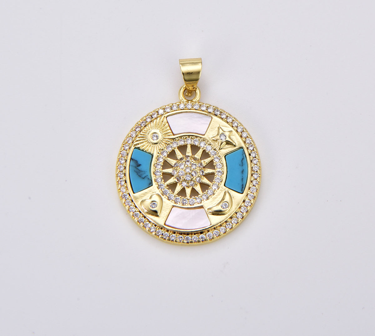 18K Gold Filled Celestial Round Coin Charm, Sun Moon Star Heart Medallion Charm with Pearl & Turquoise for Jewelry Making Supply, 30x23mm CP1905