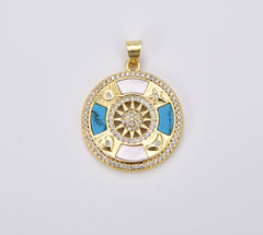 18K Gold Filled Celestial Round Coin Charm, Sun Moon Star Heart Medallion Charm with Pearl & Turquoise for Jewelry Making Supply, 30x23mm CP1905