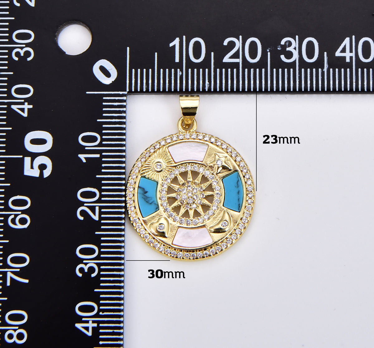 18K Gold Filled Celestial Round Coin Charm, Sun Moon Star Heart Medallion Charm with Pearl & Turquoise for Jewelry Making Supply, 30x23mm CP1905