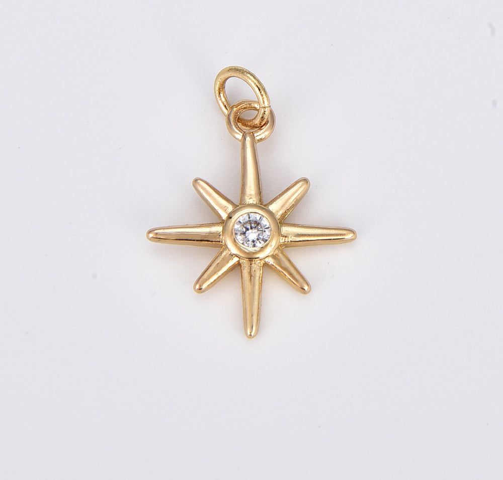 18K Gold Filled Dainty Gold North Star Charm, Starburst Pendant, Bethlehem Star CZ Pendant for Celestial Jewelry Making Supply, 15x15mm, CP1915