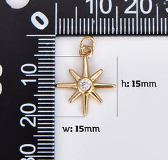 18K Gold Filled Dainty Gold North Star Charm, Starburst Pendant, Bethlehem Star CZ Pendant for Celestial Jewelry Making Supply, 15x15mm, CP1915