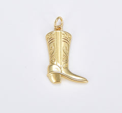 18K Gold Filled Dainty Cowboy Boots Charm Pendant, Stainless Steel Artisan Engraved Puffed Cowboy Boots Shoes Charm, 20x15mm, CP1917