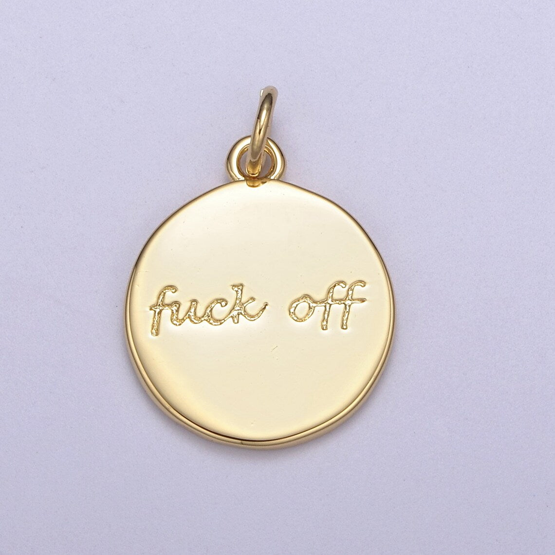 18K Gold Filled Dainty Fuck Off Charm for Necklace Bracelet Round Coin Disc FuckOff Word Cursive Jewelry Swear Word Trend Jewelry, CP1920