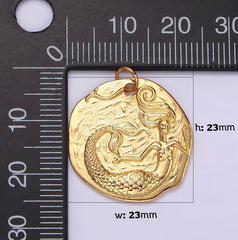 18K Gold Filled Ocean Mermaid Textured Round Coin Charm in Gold, CP1921