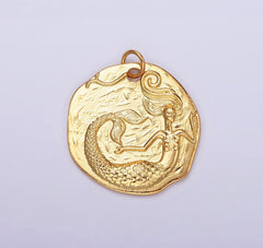 18K Gold Filled Ocean Mermaid Textured Round Coin Charm in Gold, CP1921