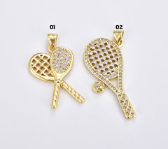 18K Gold Filled Dainty Tennis Racket Charm Pendant, Pickle Ball Charm, Sports Charm, Micro Pave CZ Tennis Necklace, DIY Jewelry Supplies, CP1922