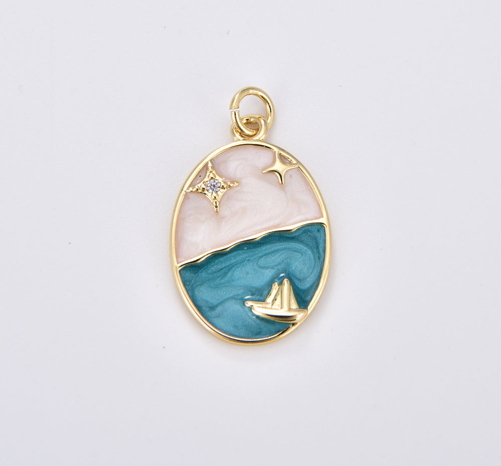 18K Gold Filled Boat Ocean Celestial Star Night Sky Sparkly Enamel Oval Charm, 20x16mm, CP1924