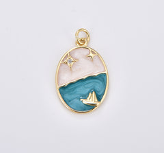 18K Gold Filled Boat Ocean Celestial Star Night Sky Sparkly Enamel Oval Charm, 20x16mm, CP1924