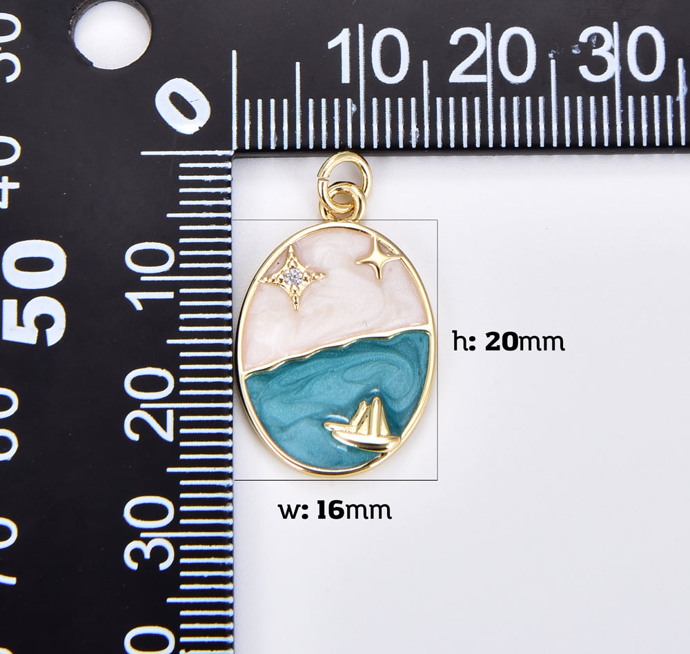 18K Gold Filled Boat Ocean Celestial Star Night Sky Sparkly Enamel Oval Charm, 20x16mm, CP1924