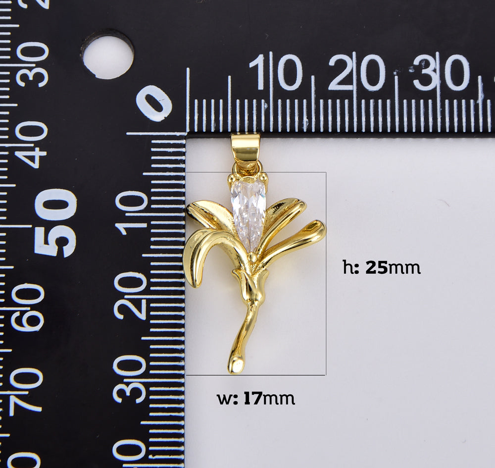 Gold Filled Clear Teardrop CZ Lily Flower Nature Charm, 25x17mm, CP1925