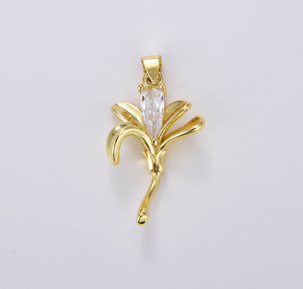 Gold Filled Clear Teardrop CZ Lily Flower Nature Charm, 25x17mm, CP1925