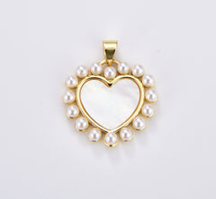 18K Gold Filled Shell Pearl Beaded Heart Charm Pendant for Valentine Jewelry Gift Idea Making, 22x21mm, CP1928