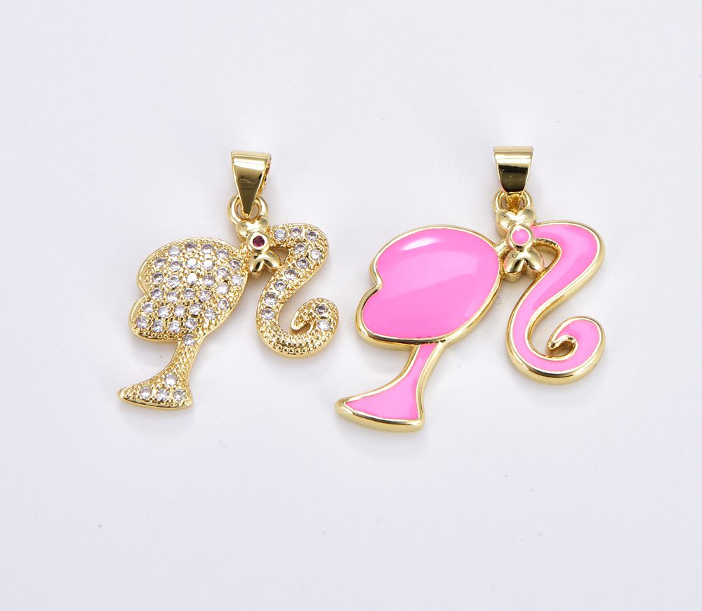 18K Gold Filled Pink Enamel Barbie Doll Head Silhouette Charm, Barbie Doll Head Pendant for Necklace Bracelet Jewelry Making Supply, CP1932