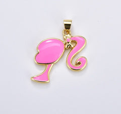 18K Gold Filled Pink Enamel Barbie Doll Head Silhouette Charm, Barbie Doll Head Pendant for Necklace Bracelet Jewelry Making Supply, CP1932