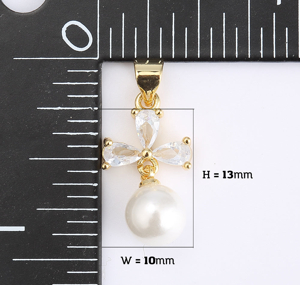 18K Gold Filled Freshwater Pearl Flower Charm, Pearl Rhinestone Pendant for Necklace Bracelet Earrings Jewelry Making Supply, CP1936